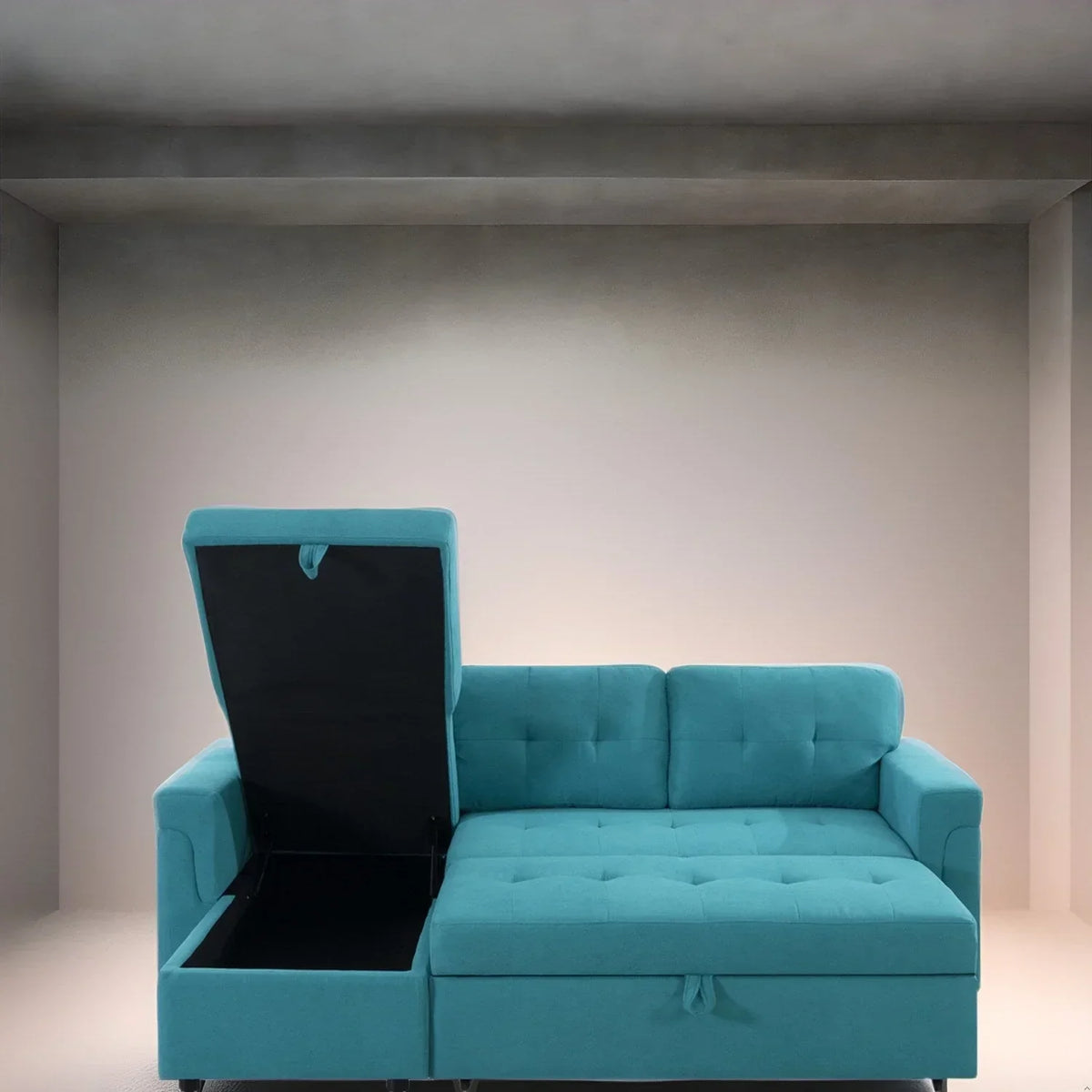 Canapé d’angle convertible et réversible avec lit escamotable, méridienne avec rangement dissimulé et pieds robustes