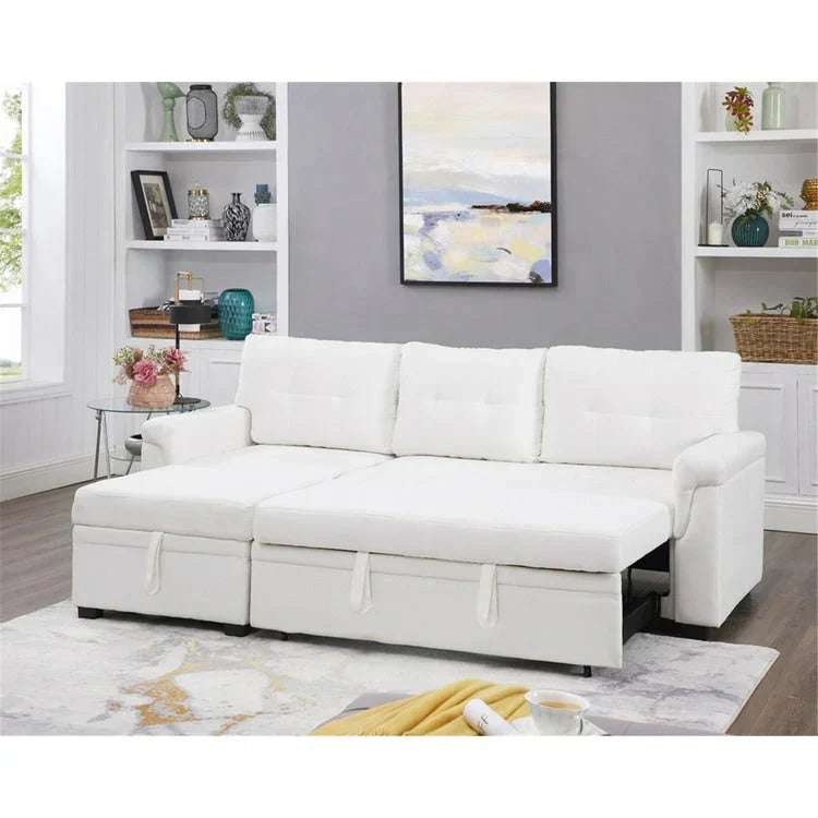 Canapé d’angle convertible et réversible avec lit escamotable, méridienne avec rangement dissimulé et pieds robustes