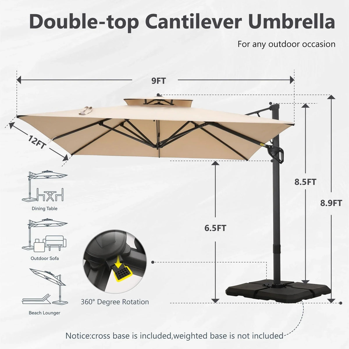 MAISON ARTS parasol boczny 12 FT z automatycznym podnośnikiem hydraulicznym, aluminiowym masztem i obrotem o 360 stopni