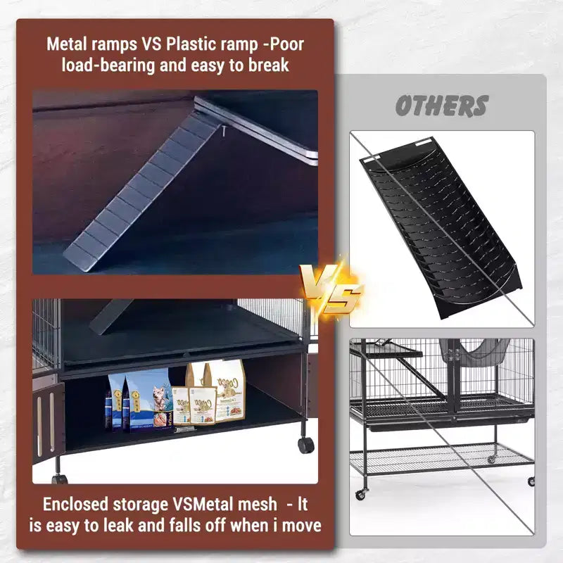 Kleine-dierenkooi, frettenkooi - leefomgeving van 59' met 5 niveaus en opbergkast, inclusief hangmat, wielen, afneembare oprijplaten en eenvoudig schoon te maken bakken