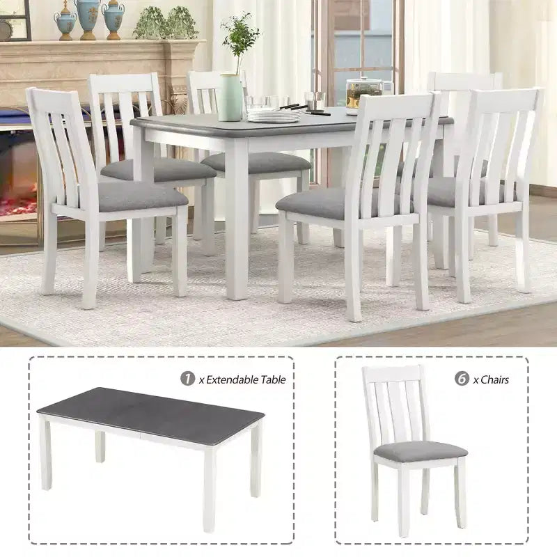 Uitschuifbare eethoekset in landelijke stijl voor 6 personen, rechthoekige tafel en 6 gestoffeerde stoelen