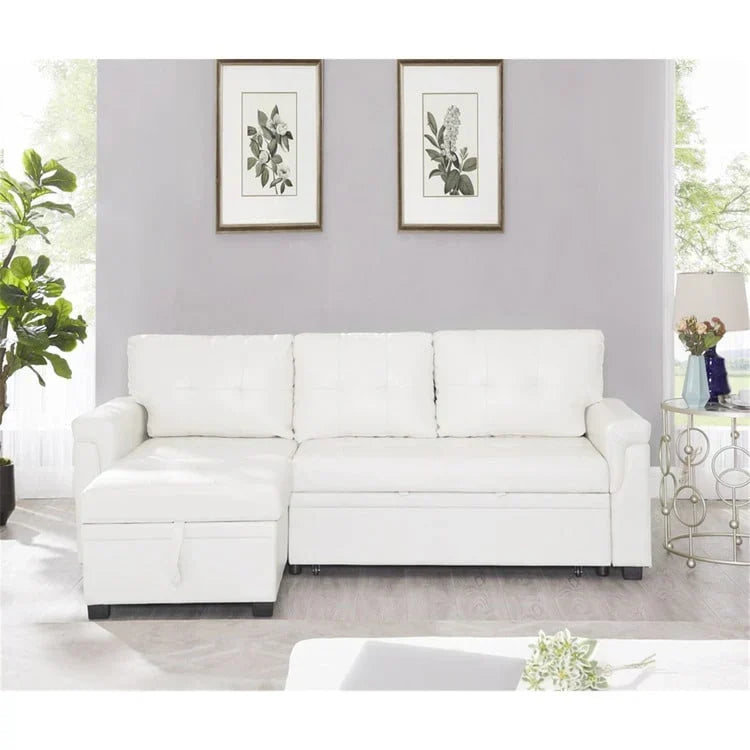Canapé d’angle convertible et réversible avec lit escamotable, méridienne avec rangement dissimulé et pieds robustes