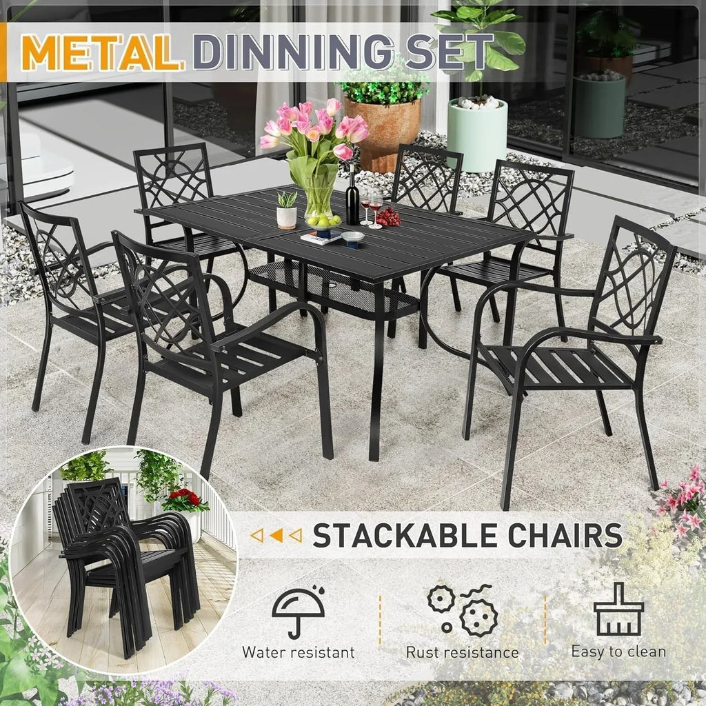 SUNCROWN 5-/7-teiliges Esstischset aus Stahl für die Terrasse, Metalltisch mit Lamellen und stapelbare Stühle, pulverbeschichtetes Gestell
