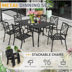 SUNCROWN 5-/7-teiliges Esstischset aus Stahl für die Terrasse, Metalltisch mit Lamellen und stapelbare Stühle, pulverbeschichtetes Gestell