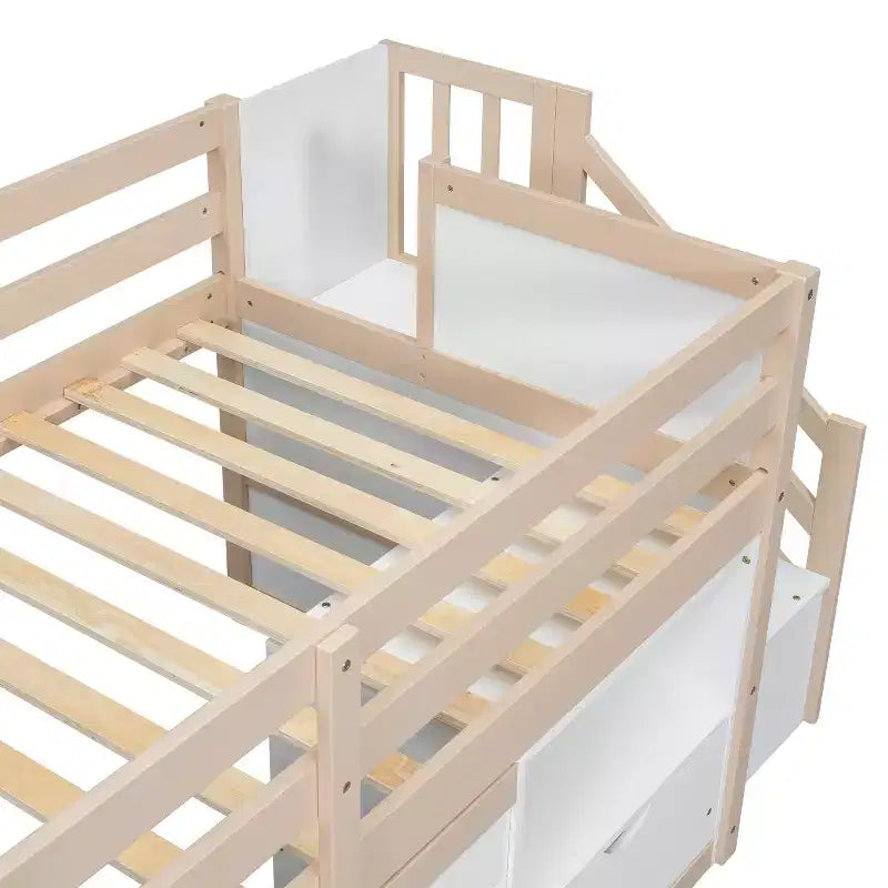 94.6L x 42.3W laag halfhoogslaper van massief hout voor een eenpersoonsbed, met trap, lade en plank, modern en strak ontwerp