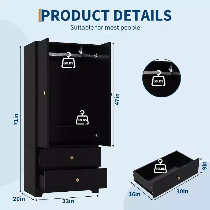 Moderne houten kledingkast van 71 inch voor de slaapkamer, met 2 deuren, 2 laden, verstelbare planken, opbergkast voor kleding en kledingroede