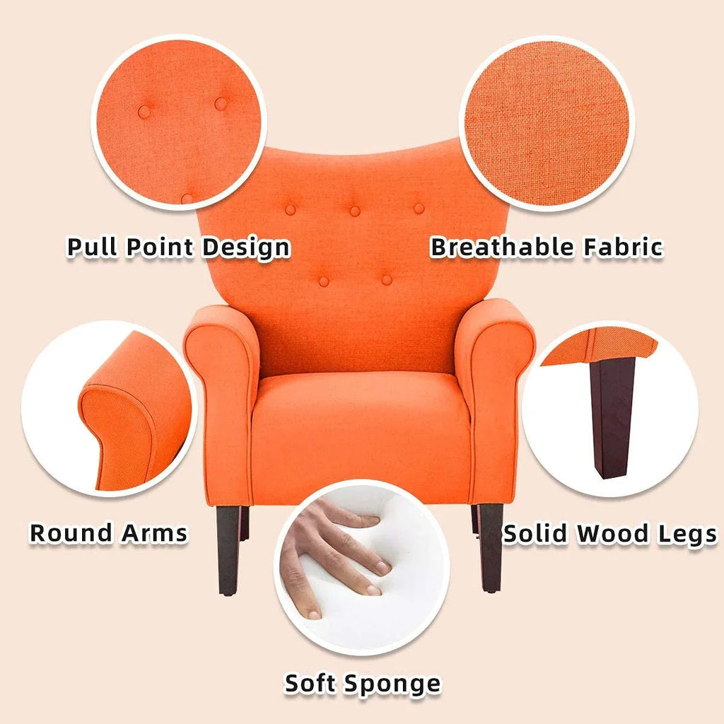 Erommy moderne fauteuil, fauteuil met hoge rugleuning, gestoffeerde eenzitsbank met knopen en houten poten voor de woonkamer
