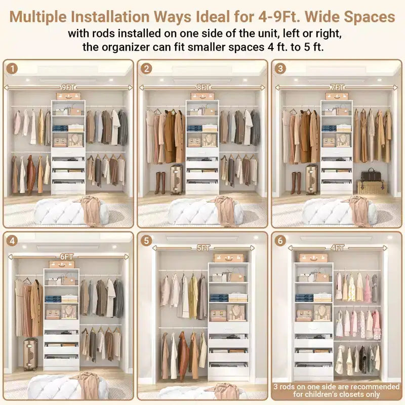 Besiost-Schrankorganisationssystem aus Holz, 4-9 Ft, mit 4 Schubladen, 4 Kleiderstangen und Regaltürmen