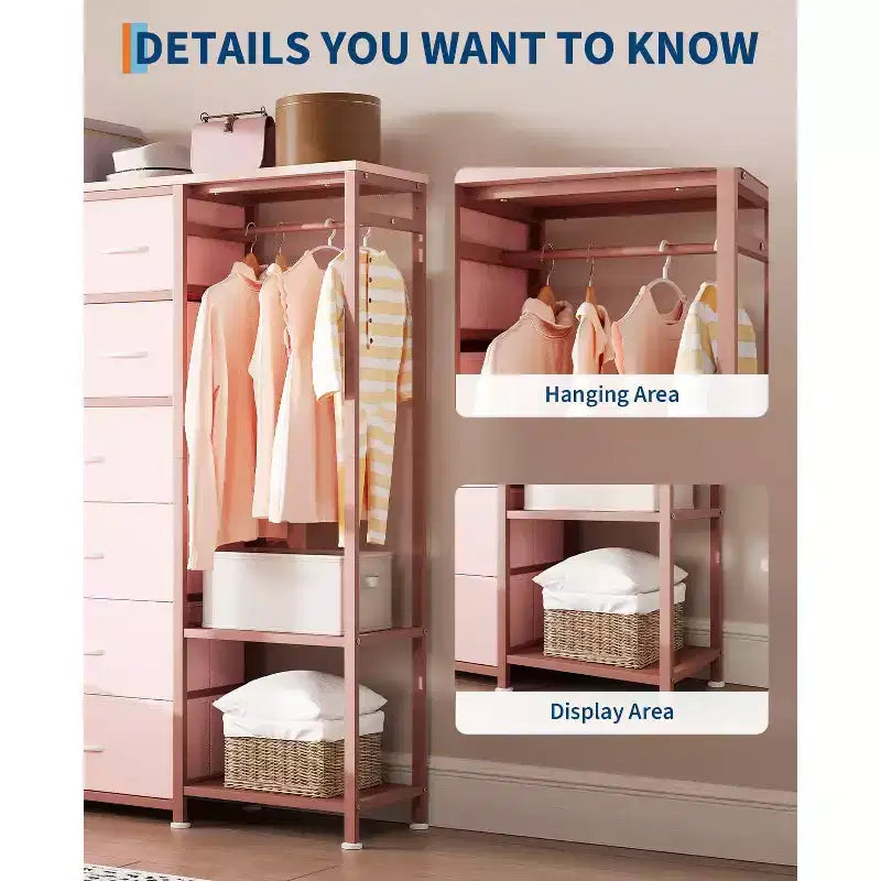 Kommode mit 16 Schubladen, Kleiderstange und Regalen, Stoff-Aufbewahrungsorganizer für Schlafzimmer, Kleiderschrank oder Eingangsbereich