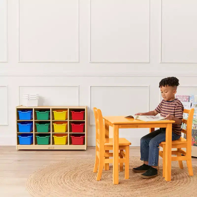 Meuble mobile à casiers avec plateau et 15 bacs à façade incurvée, 3x4, mobilier pour enfants