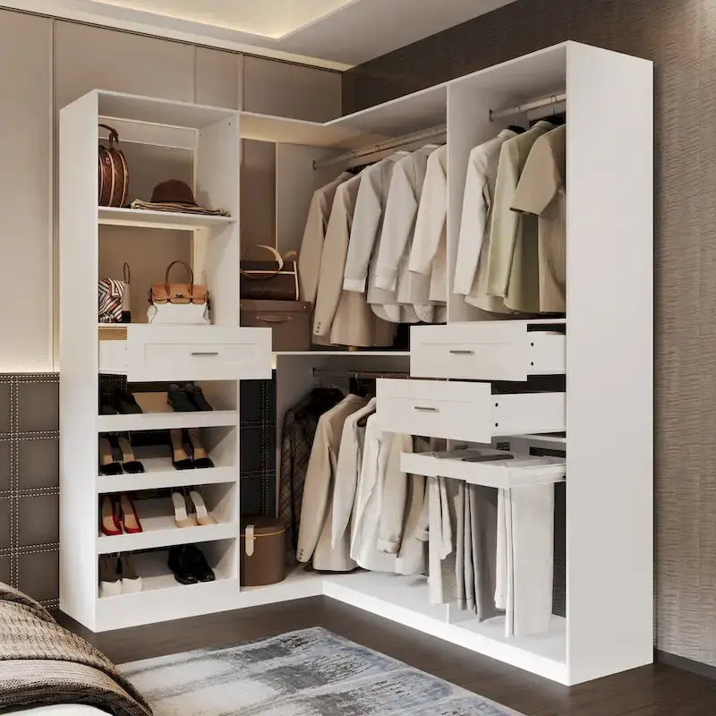 Armoire d’angle avec 2 tringles à vêtements, porte-pantalons et rangement à chaussures