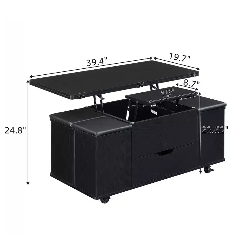 Multifunktionaler moderner Couchtisch mit Hubplatte und verstecktem Stauraum, 4 Hockern und Rollen, perfekt für moderne Wohnräume