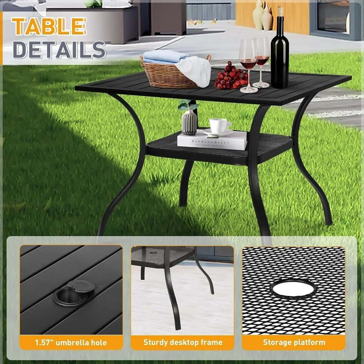 SUNCROWN 5-/7-teiliges Esstischset aus Stahl für die Terrasse, Metalltisch mit Lamellen und stapelbare Stühle, pulverbeschichtetes Gestell