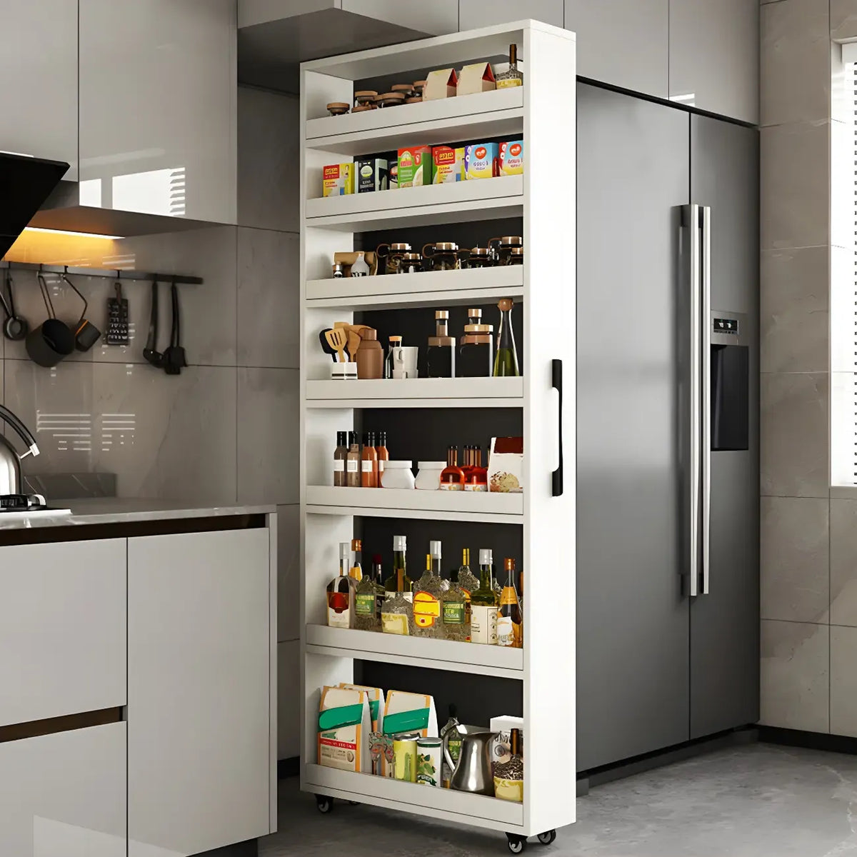 Moderne houten buffetkast met open planken en zwenkwiel