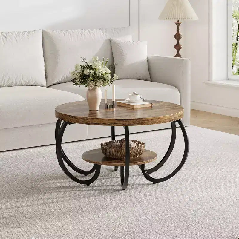 Runder Couchtisch im Industrial-Stil, 30 Inch, 2 Ablagen, verstellbare Füße, Ablage in Holzoptik, Flammendesign, einfacher Aufbau, Wohnzimmer