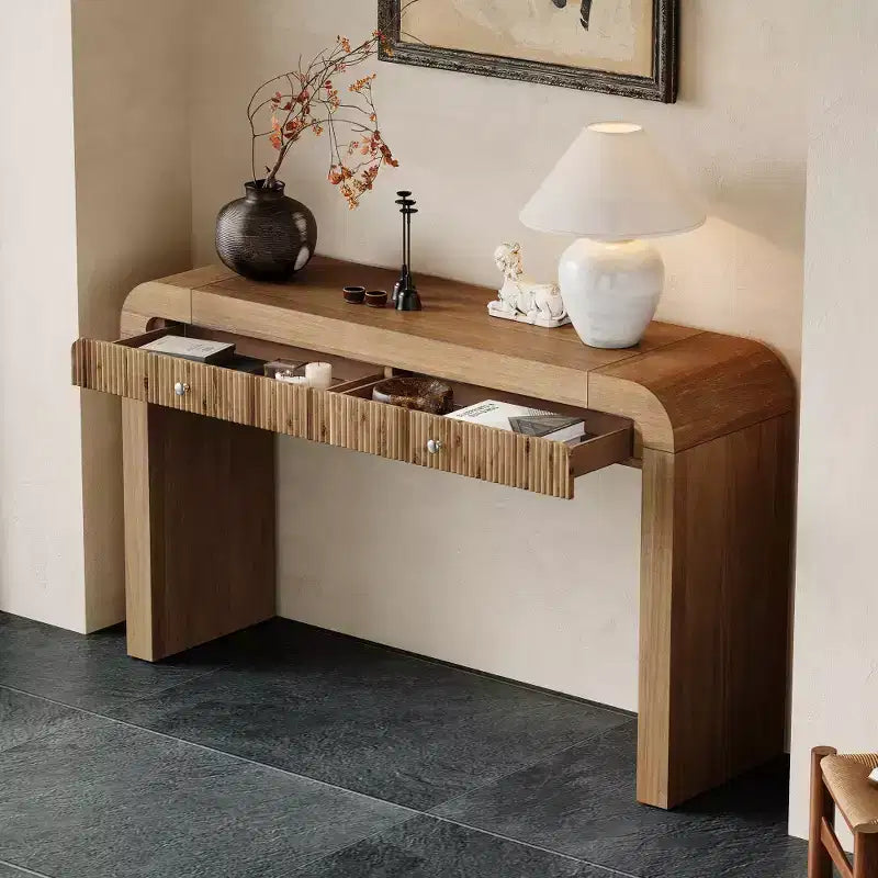 Console rustique Whisen, table d’entrée et table d’appoint avec façade de tiroir cannelée