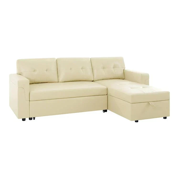 Canapé d’angle convertible et réversible avec lit escamotable, méridienne avec rangement dissimulé et pieds robustes