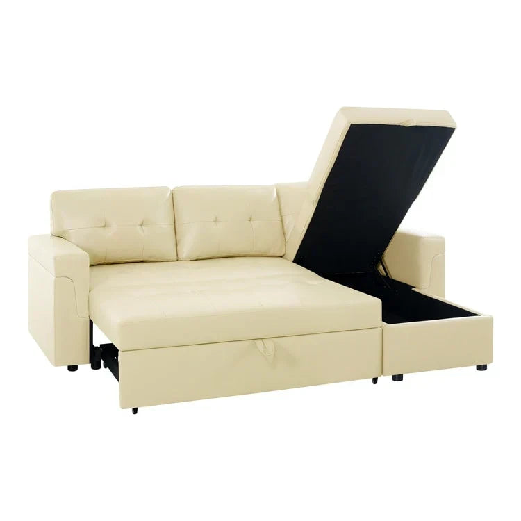 Canapé d’angle convertible et réversible avec lit escamotable, méridienne avec rangement dissimulé et pieds robustes