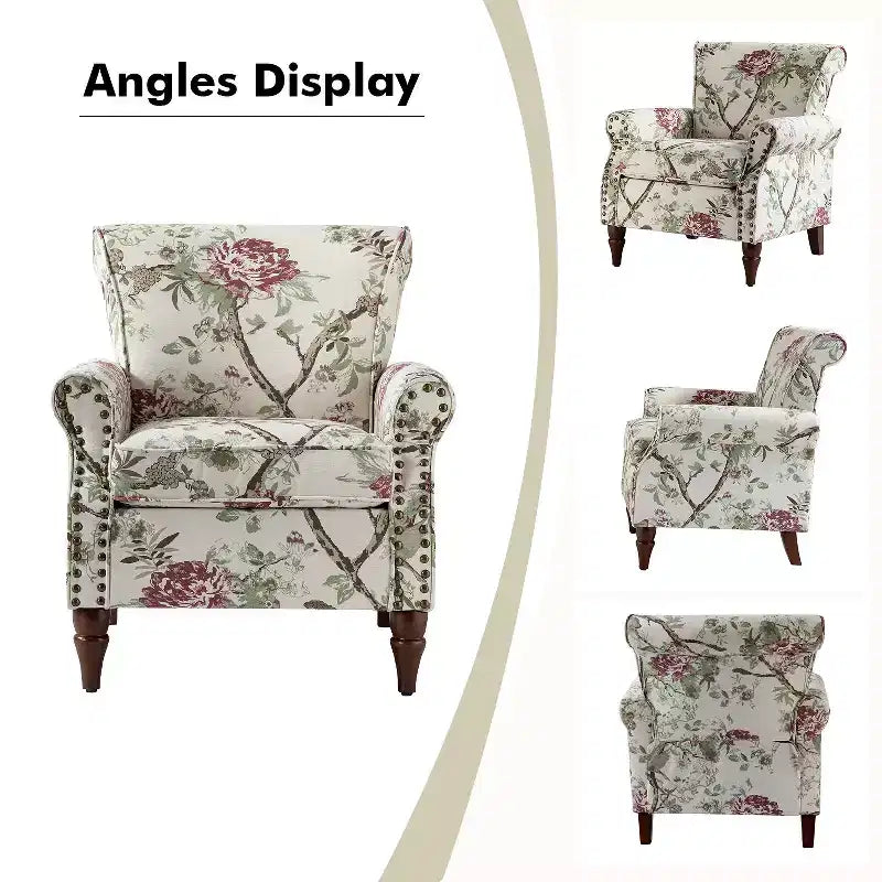 Araceli traditionele houten fauteuil met bloemenstof, hoge rugleuning met vleugels en siernagels| ART OF LIVING DESIGNS