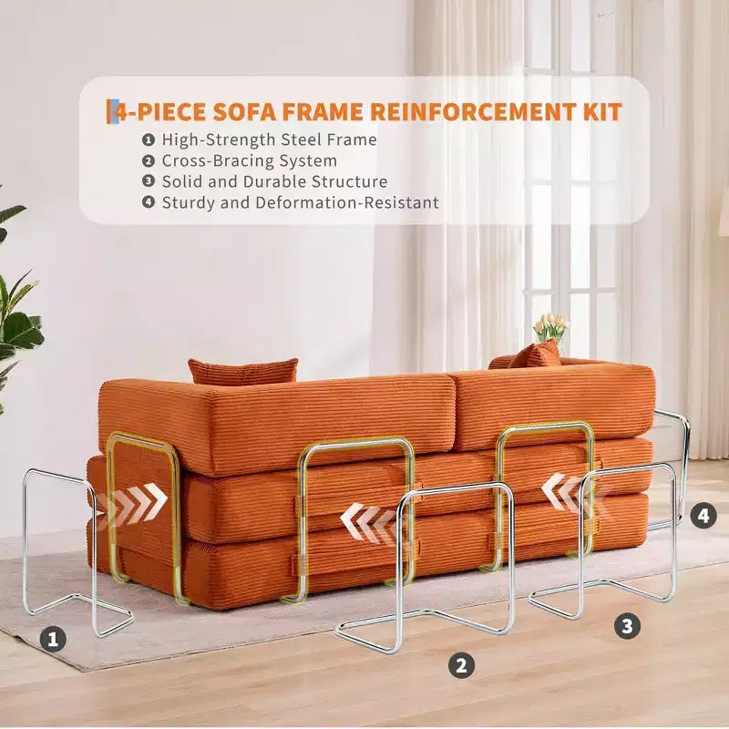 Slaapbank, 78.8, 5-in-1 opvouwbare matrasbank/tweezitsbank, stalen frame met vaste vorm, corduroy met kussens