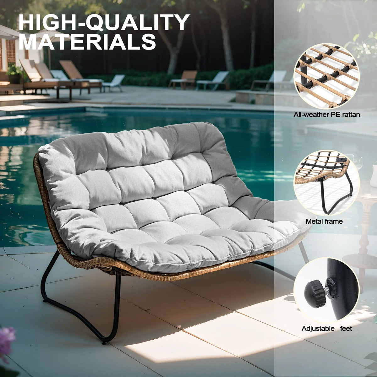 Dubbele papasan-loveseat met kussen, weerbestendig PE-rotan en metalen frame voor binnen en buiten