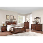 Wooden Bed with Crafted Headboard in Dark Cherry