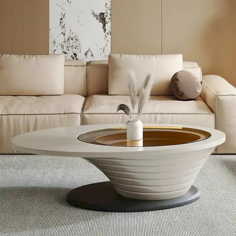 Table basse ovale moderne et minimaliste, plateau en verre et piètement gris, luxe discret, 51 in. - L 51.18'W 25.59'H 14.37'