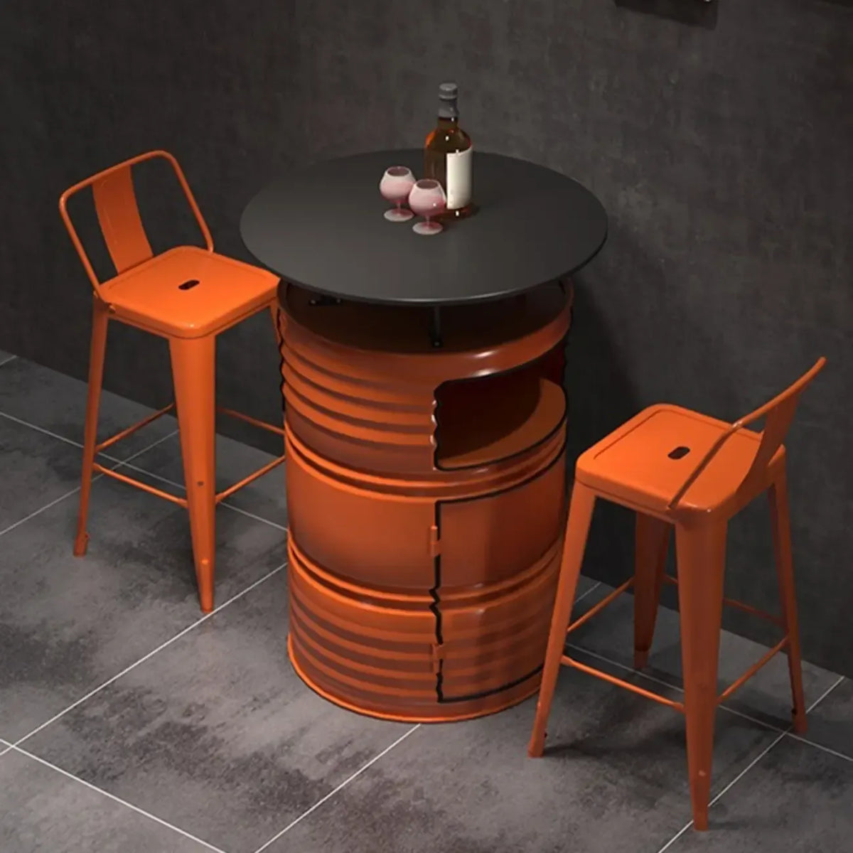 Tables de bar industrielles en métal noir et orange, en forme de fût, avec rangement