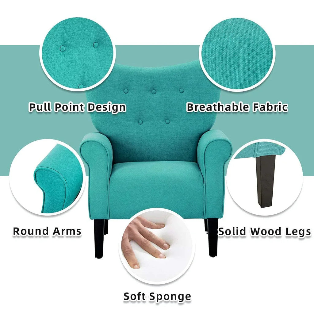 Erommy moderne fauteuil, fauteuil met hoge rugleuning, gestoffeerde eenzitsbank met knopen en houten poten voor de woonkamer