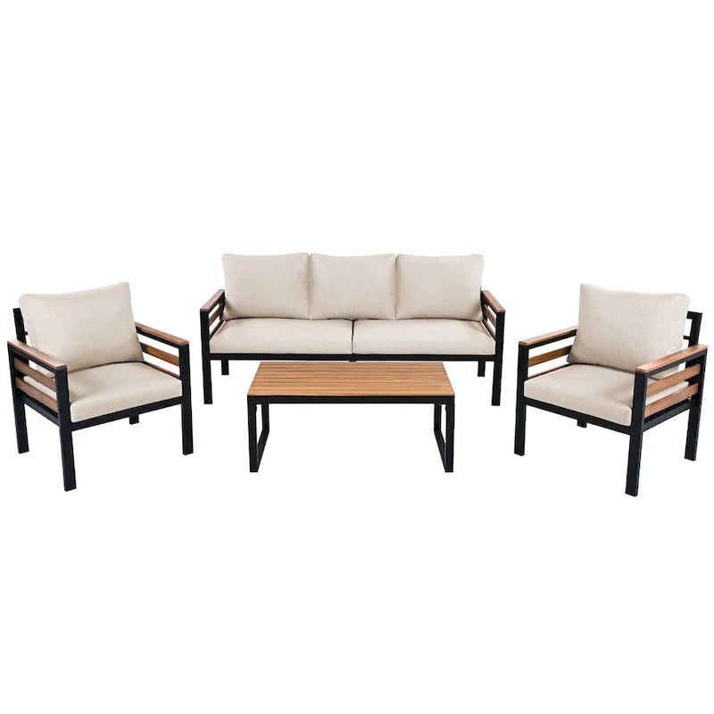 4-delige loungeset voor buiten voor 5 personen met salontafel van massief hout en afneembare kussens