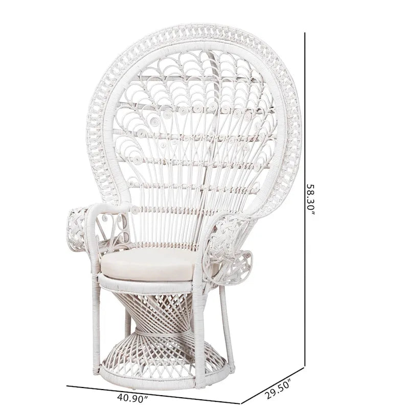 Moderner Boho-Pfauensessel Kallima aus weißem Natur-Rattan