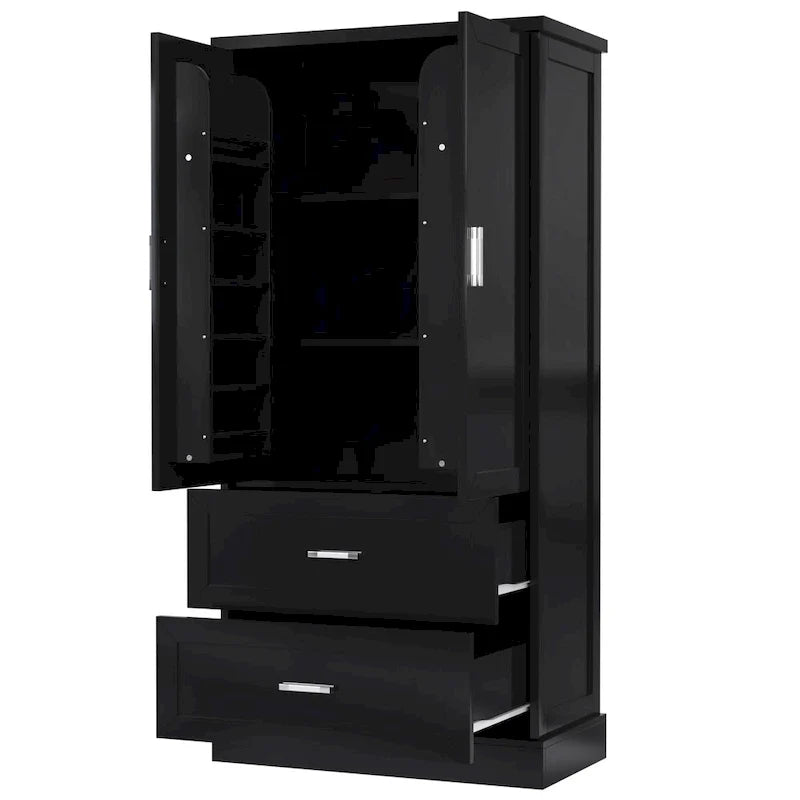 Hoher Badezimmerschrank mit zwei Türen und Schubladen, verstellbarem Einlegeboden und MDF-Platte