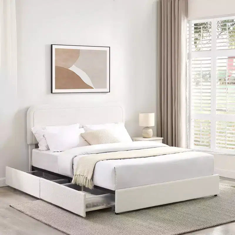 Modern queensize bed met bouclébekleding en opbergladen