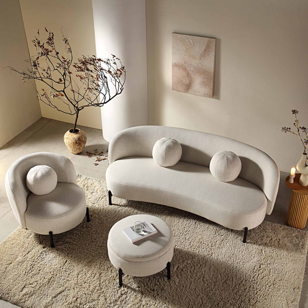 Gebogen driezitsbank met bolvormige kussens, beige linnenmix