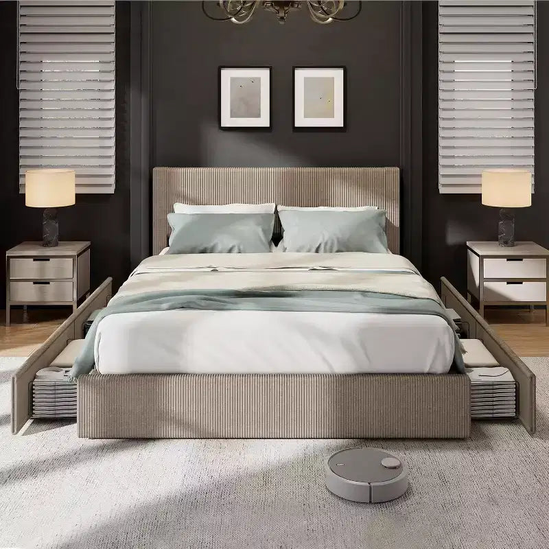 CuisinSmart bedframe van ribfluweel met hoofdbord, gestoffeerd platformbedframe met 4 opbergladen en houten lattenbodem