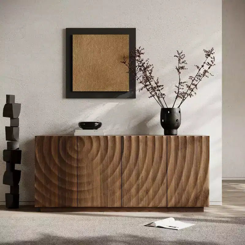 59 moderner Spiralen-Sideboardschrank, flacher kunstvoller Aufbewahrungsschrank für den Eingangsbereich mit Türen in 3D-Wellenoptik