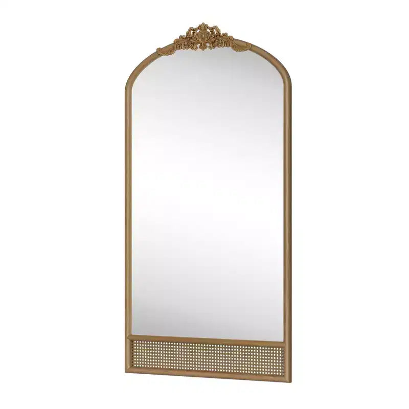 Miroir mural de 37 in. W x 71 in. H avec cadre en bois à arche classique sculptée et partie inférieure en rotin, marron