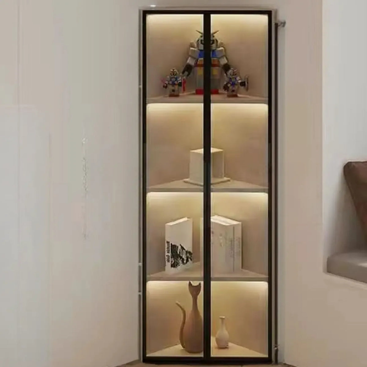 Vitrine d'angle moderne en métal et bois gris avec porte vitrée