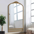 Miroir mural de 37 in. W x 71 in. H avec cadre en bois à arche classique sculptée et partie inférieure en rotin, marron