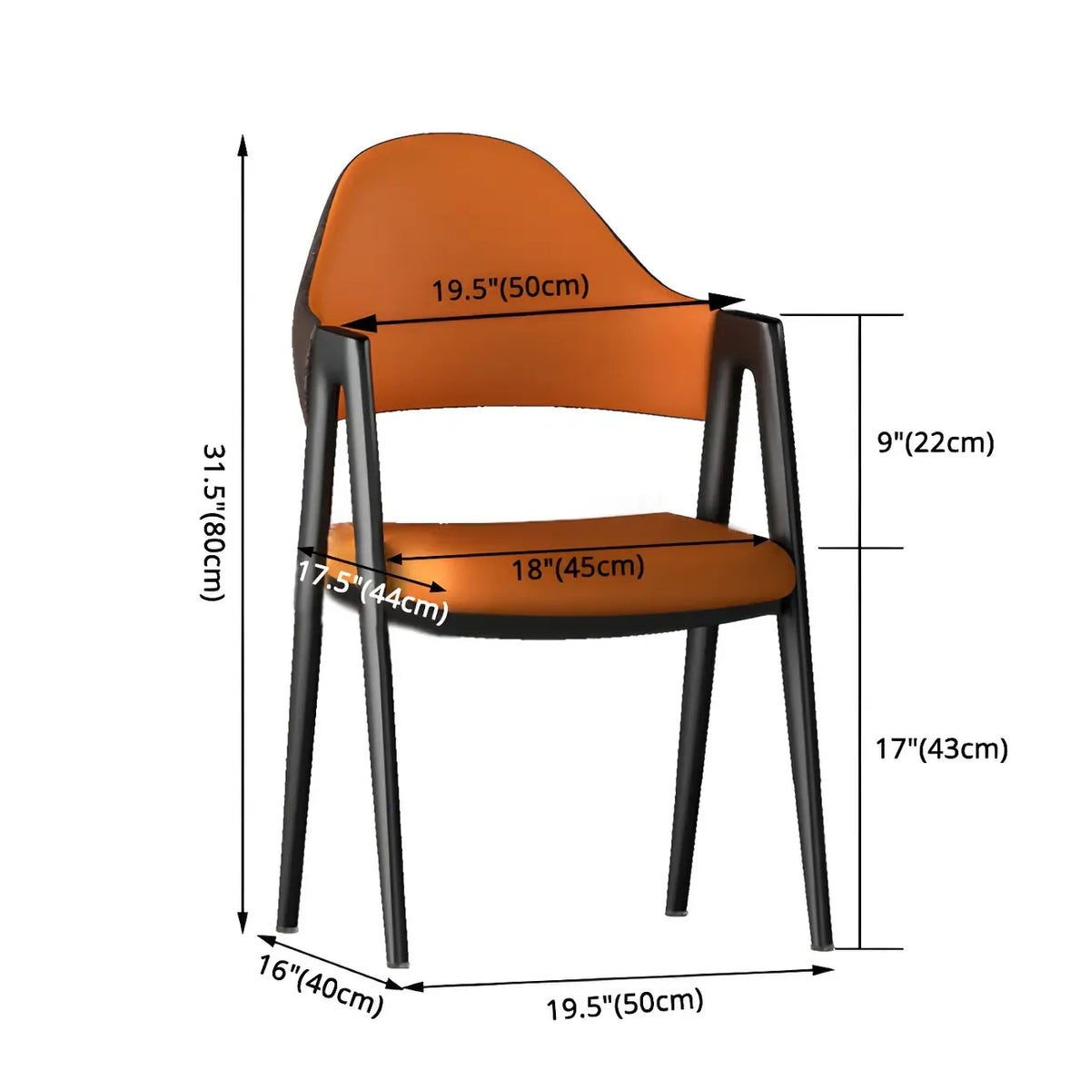 Moderner Esszimmerstuhl aus Leder mit geschwungener Form, Armlehnen und offener Rückenlehne