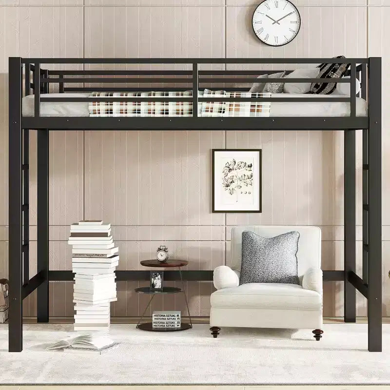 Metall-Hochbett, platzsparender Bettrahmen mit zwei Leitern und Absturzsicherungen, Schwarz - ModernLuxe