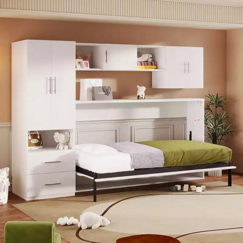 Opklapbedframe voor een eenpersoonsbed, houten kastbed met ingebouwde kledingkast, opberglades en open planken, wit -ModernLuxe