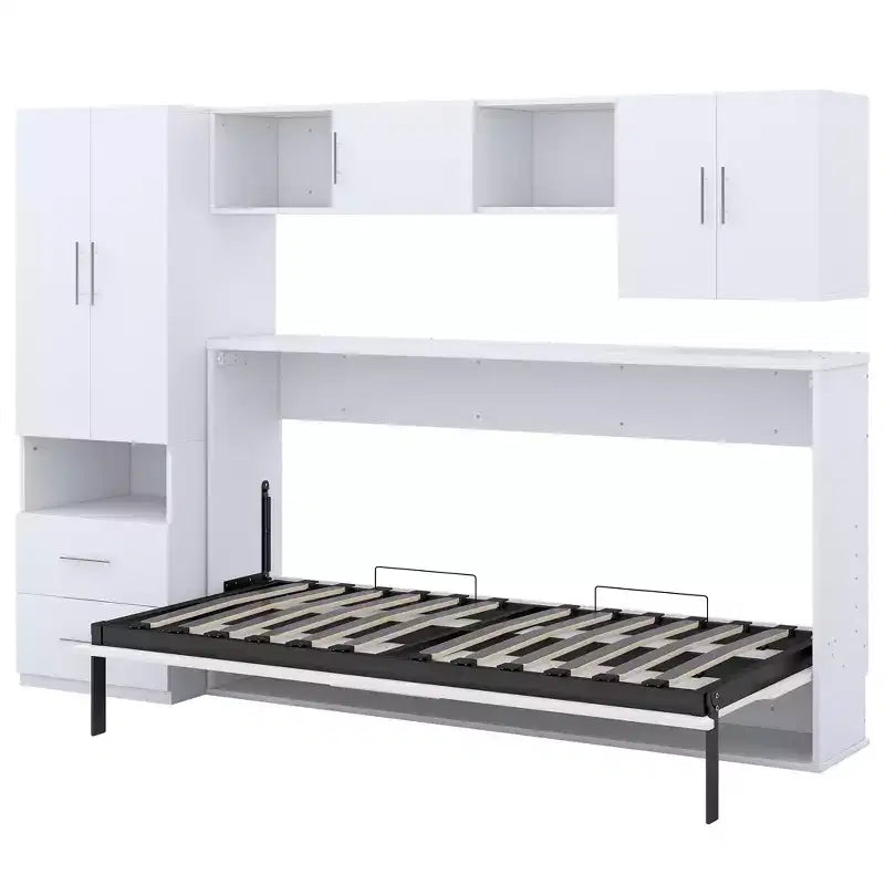Opklapbedframe voor een eenpersoonsbed, houten kastbed met ingebouwde kledingkast, opberglades en open planken, wit -ModernLuxe