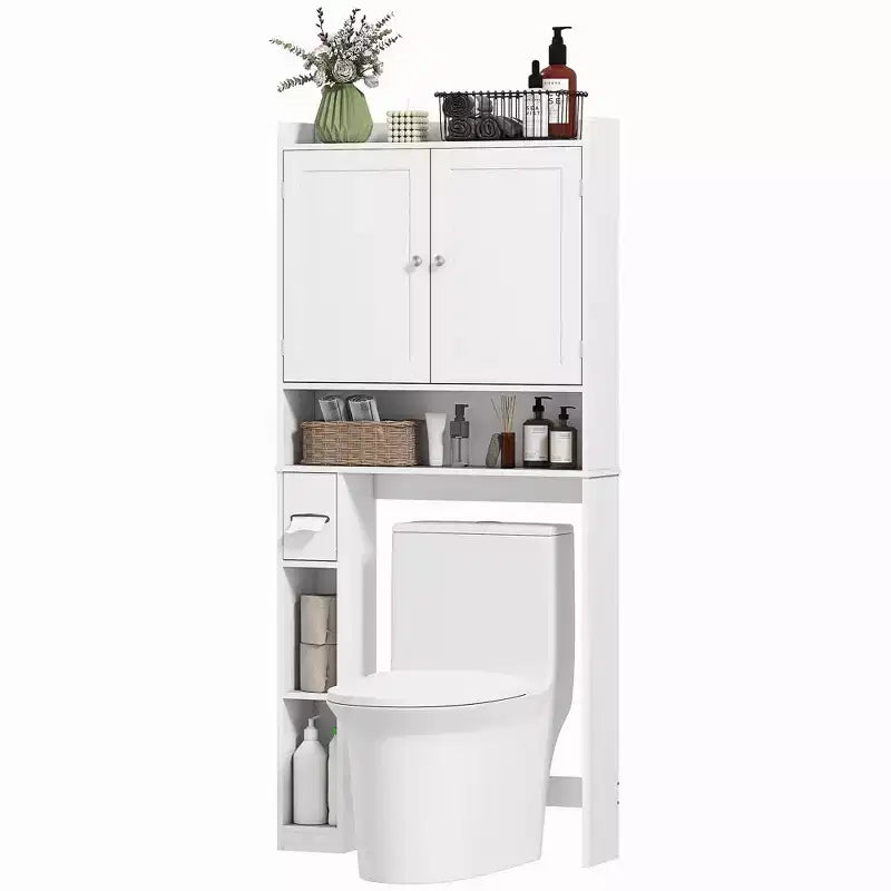 HOMCOM opbergkast boven het toilet, moderne badkamerorganizer met 2 deuren, toiletrolhouder en vrijstaand ruimtebesparend ontwerp