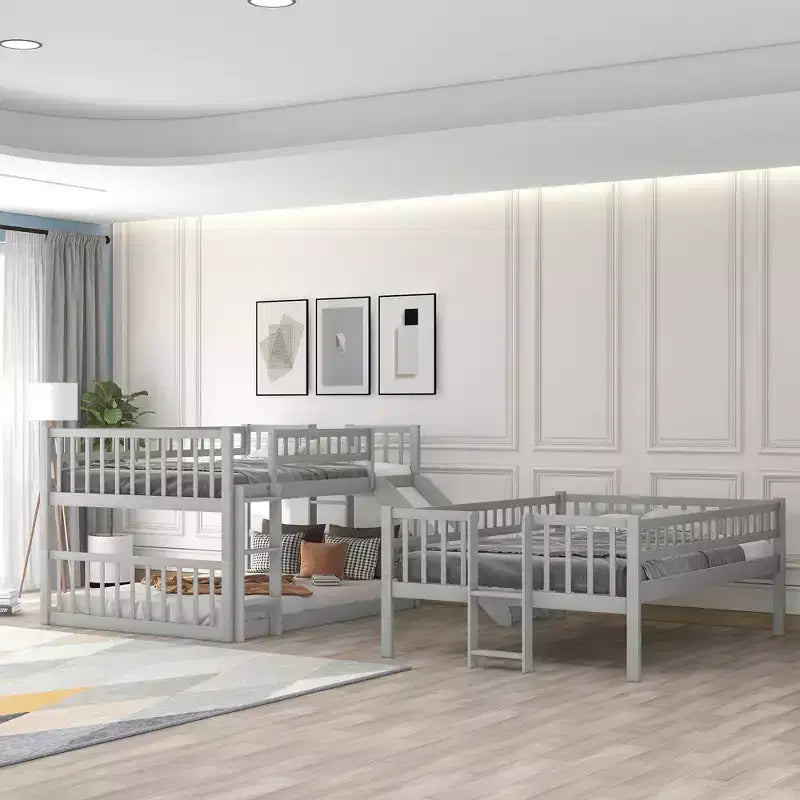Dreifach-Etagenbett mit zwei Doppelbetten, umbaubarer Leiter und Rutsche, mit Schutzgittern, Weiß/Grau/Espresso - ModernLuxe