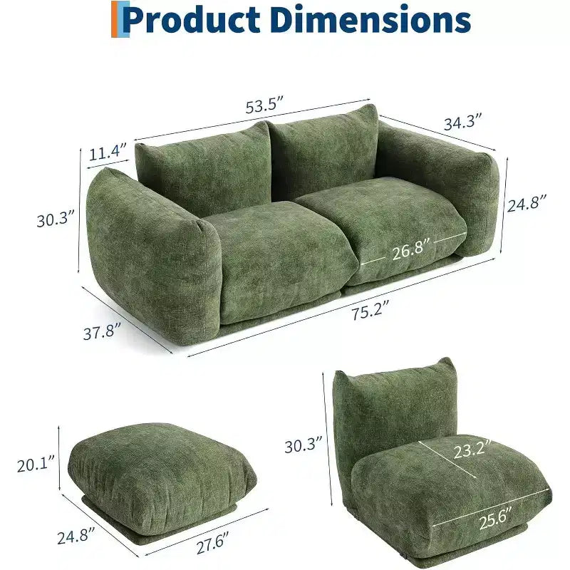 Modulares Zweisitzer-Sofa aus Chenille, Cloud-Sofa mit 2 Sitzplätzen und hochelastischem Schaumstoff, bodenloses Sofa für kleine Räume