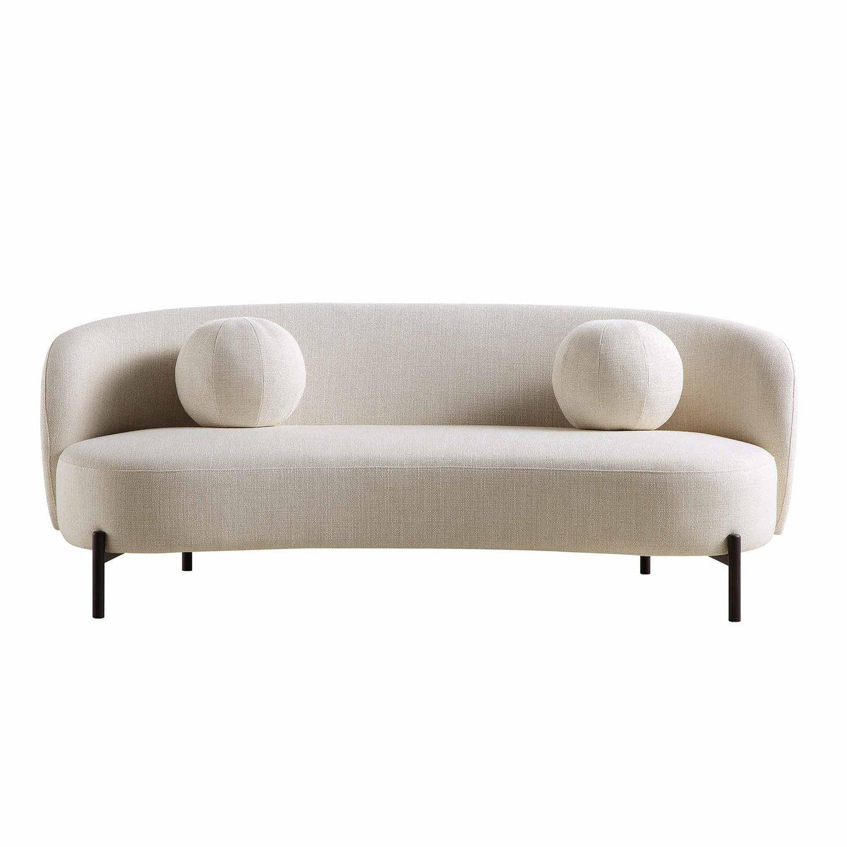 Gebogen driezitsbank met bolvormige kussens, beige linnenmix