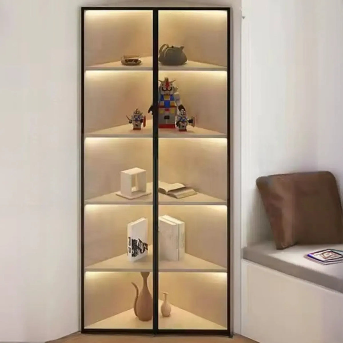 Vitrine d'angle moderne en métal et bois gris avec porte vitrée