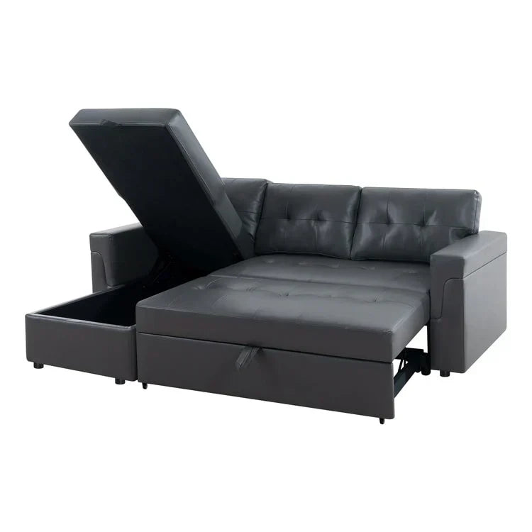 Canapé d’angle convertible et réversible avec lit escamotable, méridienne avec rangement dissimulé et pieds robustes