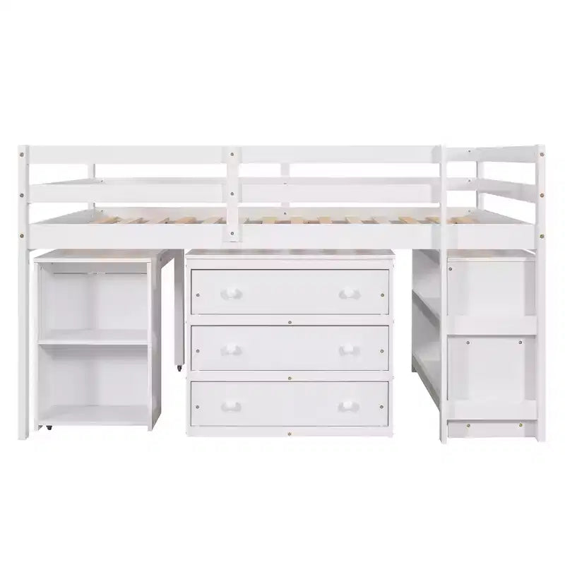 Lit mezzanine bas bas format double avec bureau coulissant, 3 tiroirs et étagères